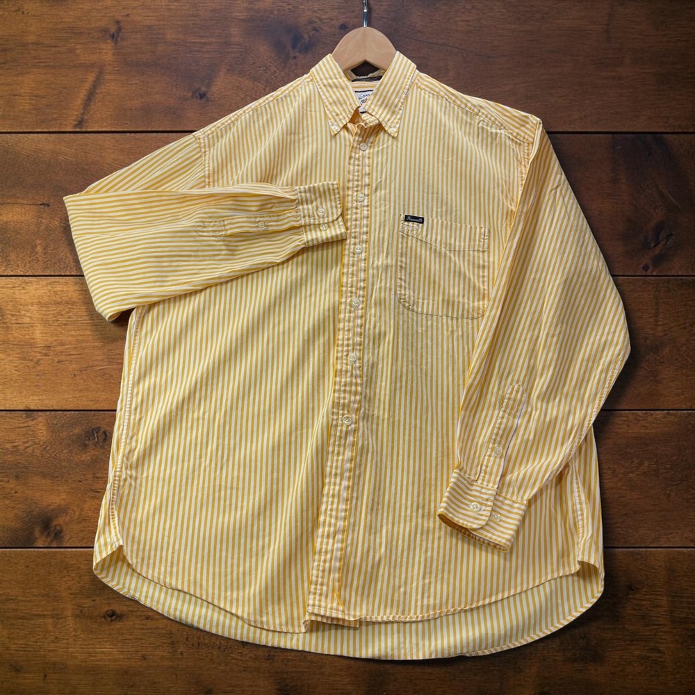 Vintage Made USA Faconnable Yellow White Stripe Button Down Shirt Cotton Mens L